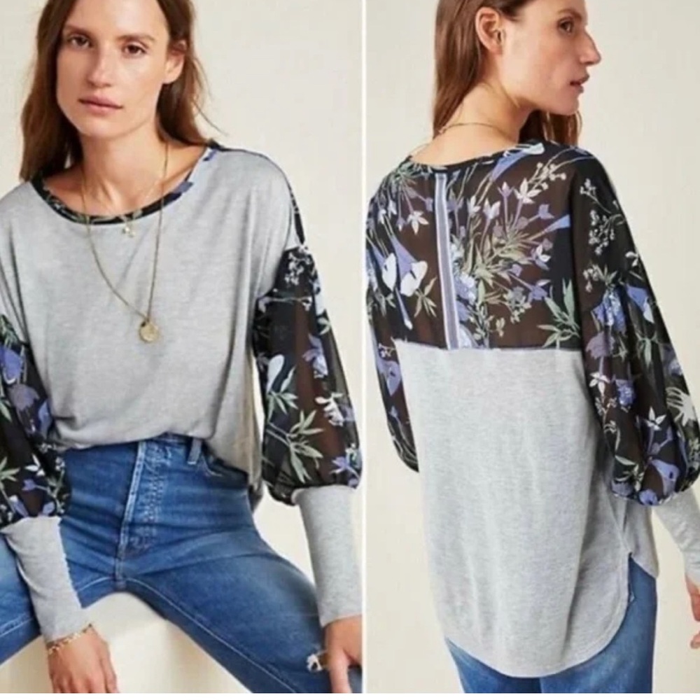 ANTHROPOLOGIE Tiny Raye Gray Floral Top EUC Size S